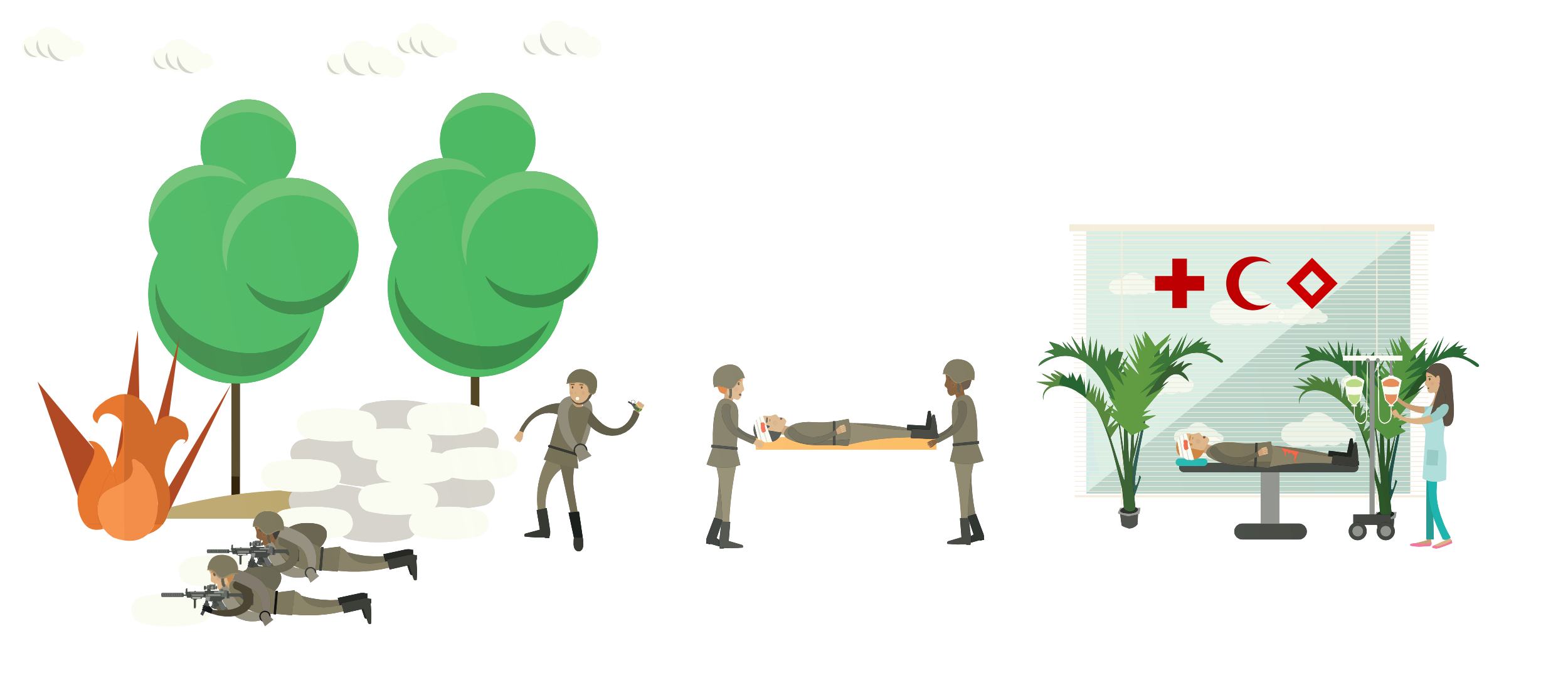 Soldiers in battle and a medic treating a casualty